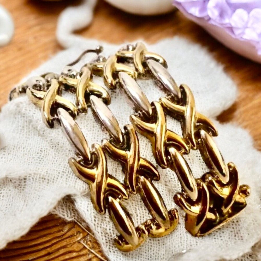 Vintage 925 Sterling Silver & Vermeil Gilded Silver Bi-Color Bracelet Italy